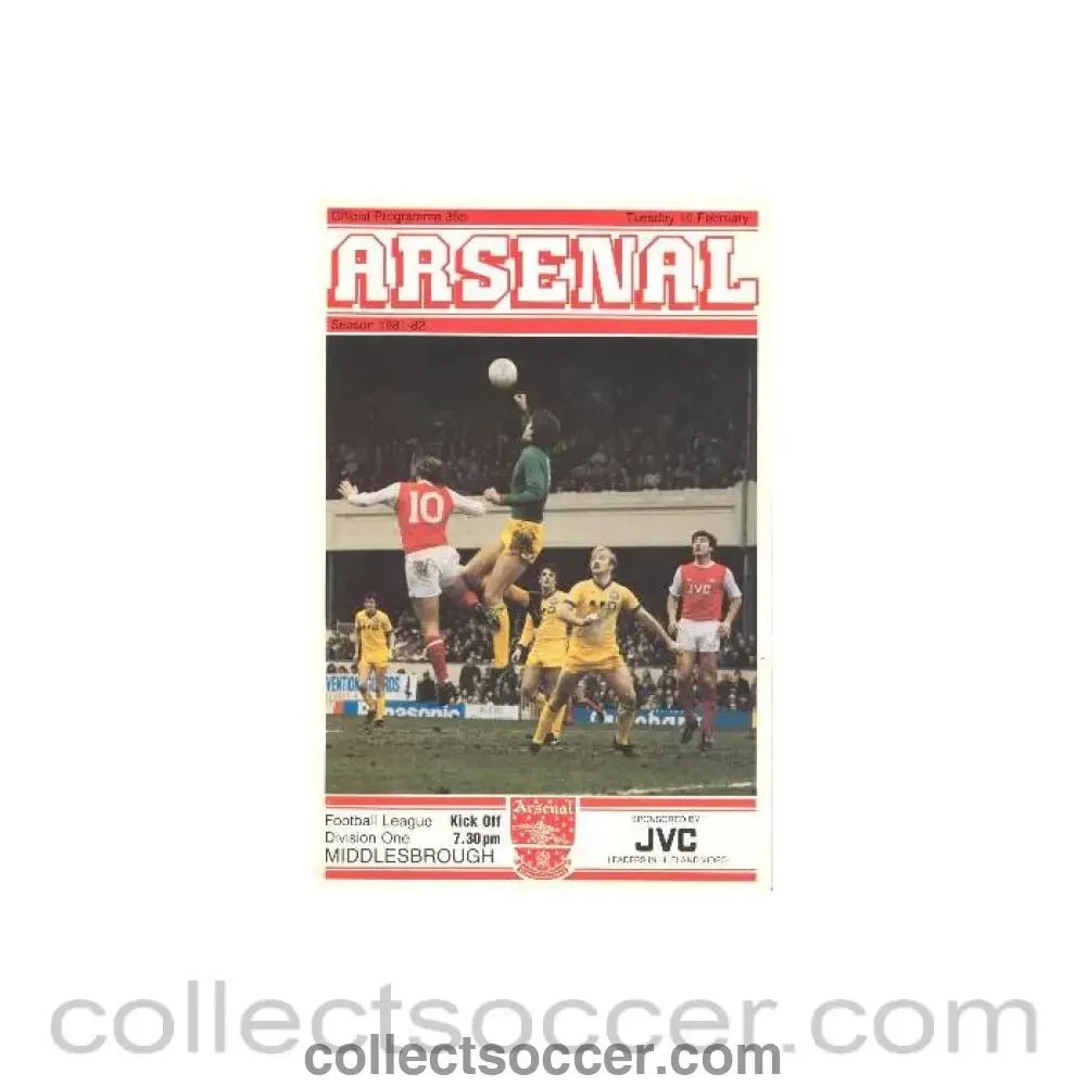1982 - Arsenal v Middlesbrough official programme 16/02/1982 Football League - Collect Soccer