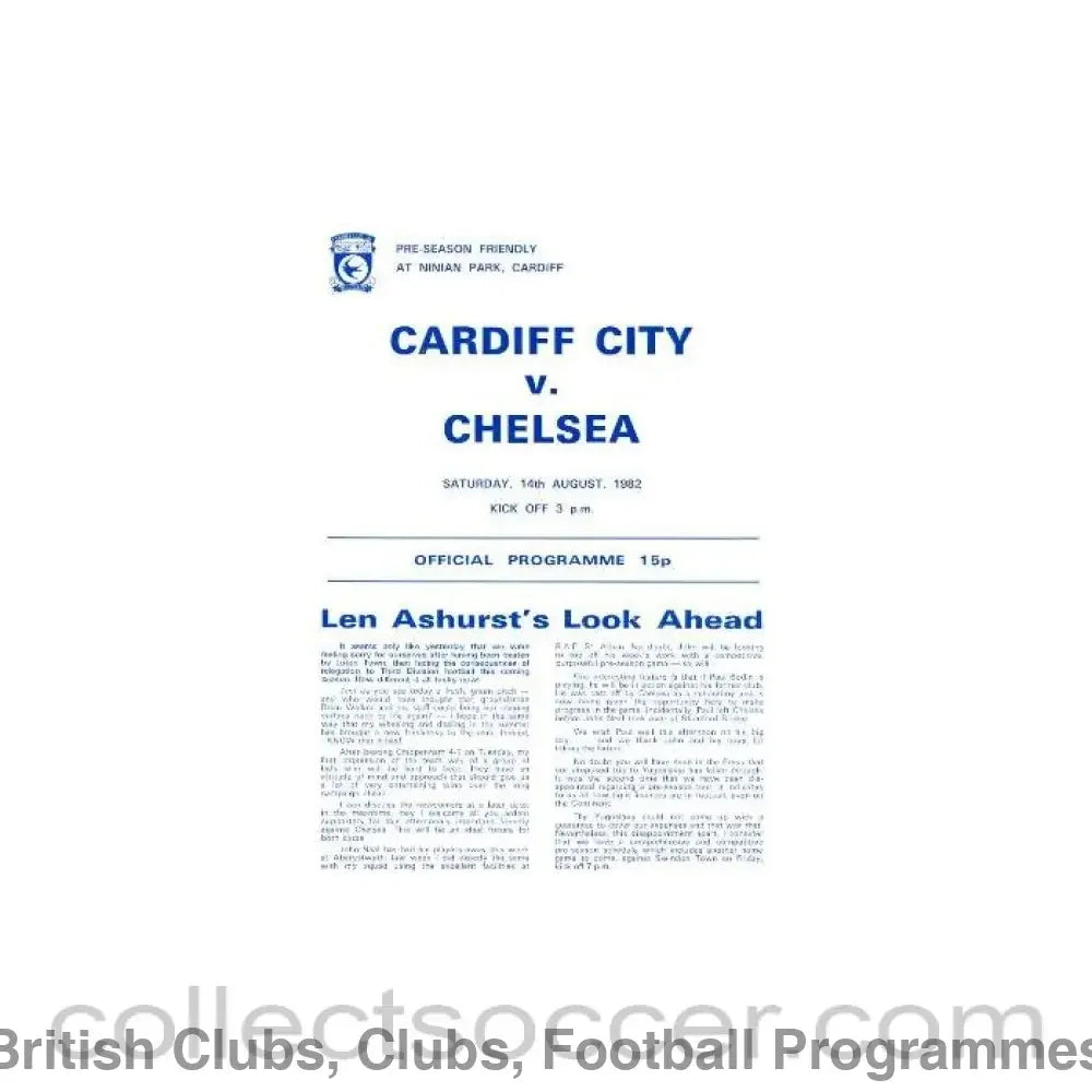 1982 - Cardiff City vChelsea official programme 14/08/1982 pre-season friendly