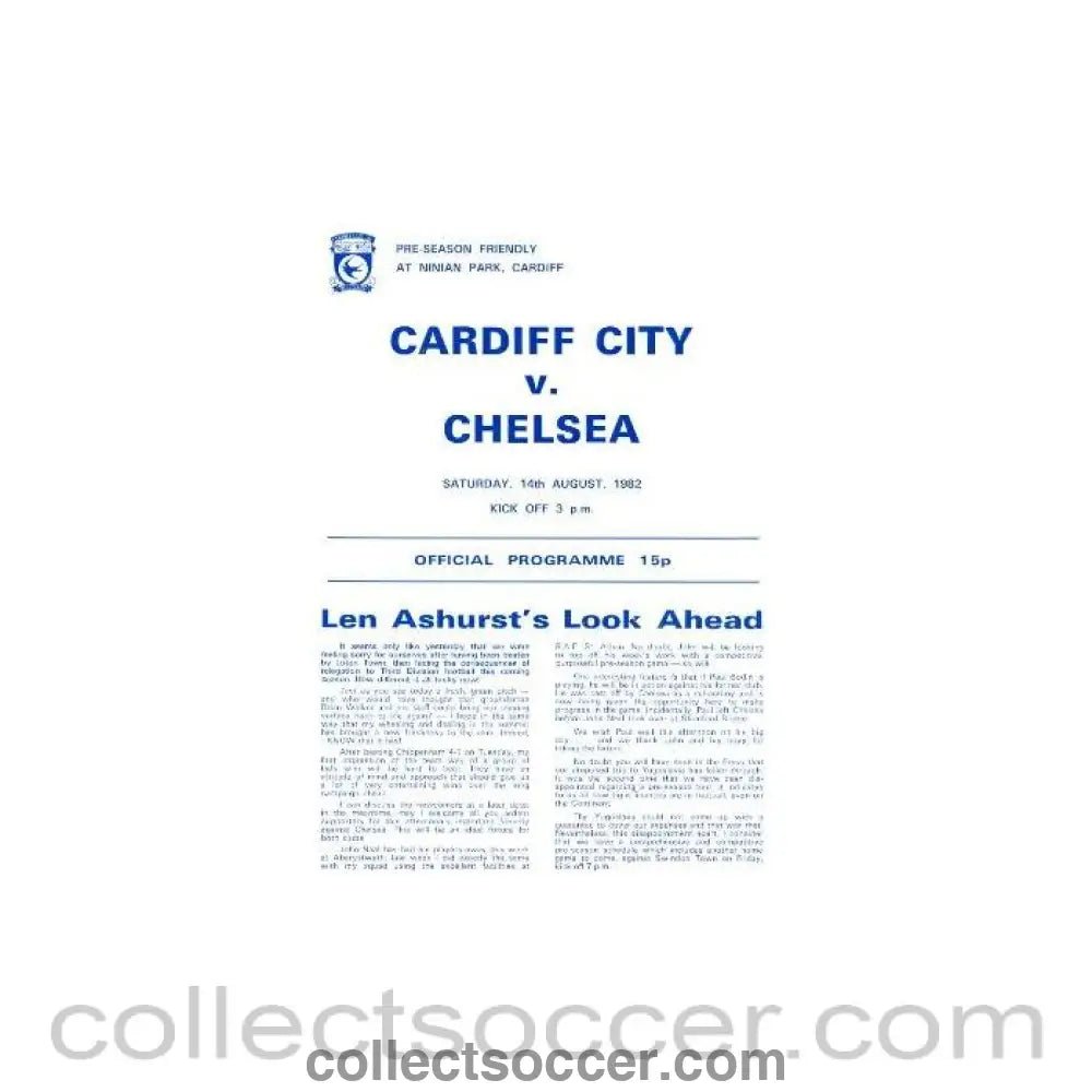 1982 - Cardiff City vChelsea official programme 14/08/1982 pre-season friendly - Collect Soccer