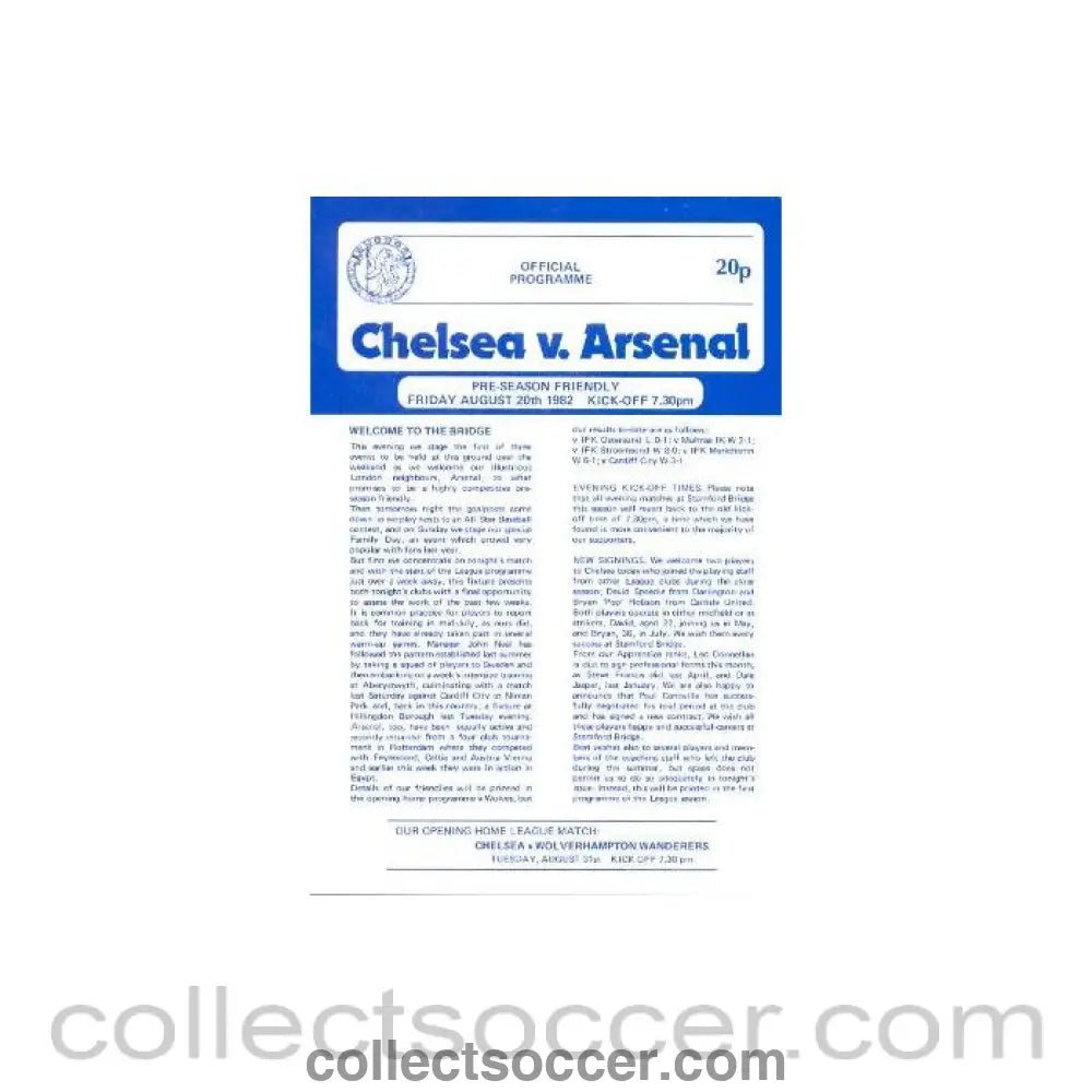 1982 - Chelsea v Arsenal official programme 20/08/1982 - Collect Soccer