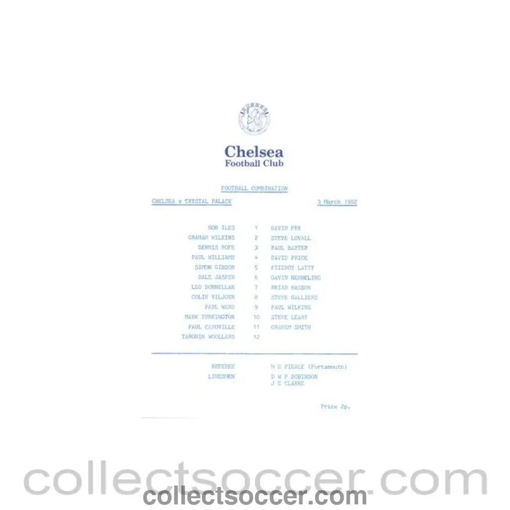 1982 - Chelsea v Crystal Palace Reserves official programme 03/03/1982 Football Combination - Collect Soccer