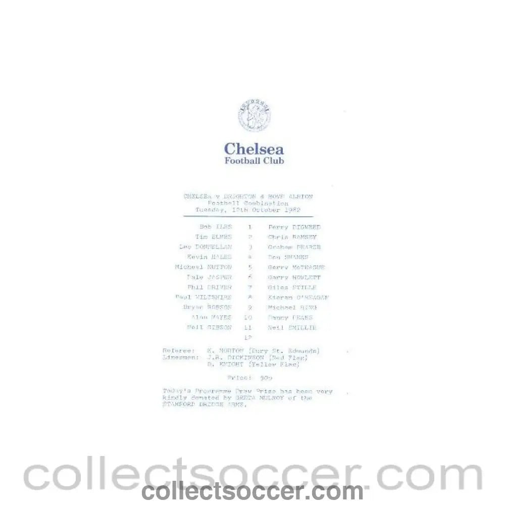 1982 - Chelsea v Southampton official programme 02/11/1982 Reserves - Collect Soccer