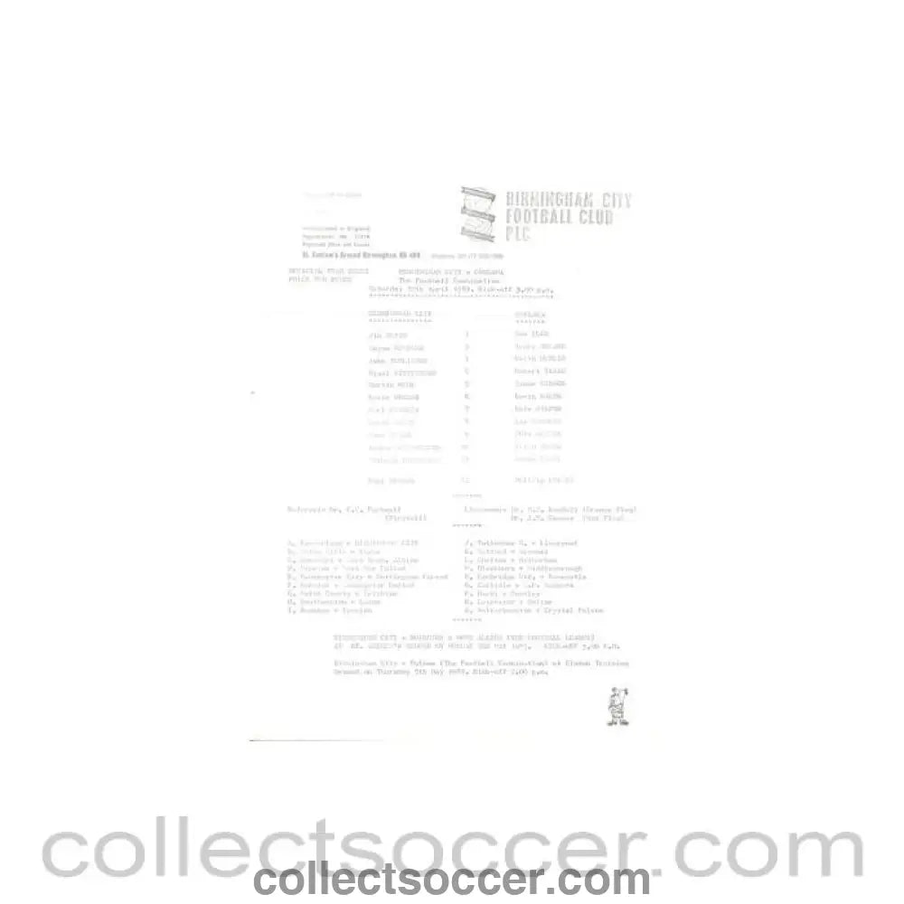 1983 - Birmingham City v Chelsea Reserves official teamsheet 30/04/1983 Football Combination - Collect Soccer