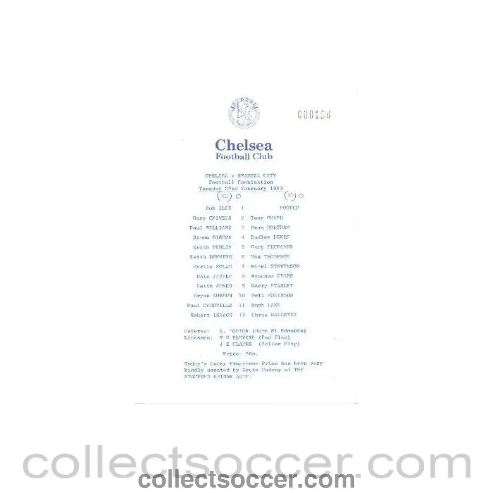 1983 - Chelsea Reserves v Swansea Reserves official programme 22/02/1983 - Collect Soccer
