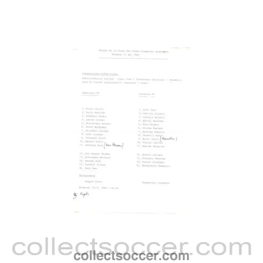 1983 - Hamburg v Juventus official teamsheet 15/05/1983 Champions League - Collect Soccer