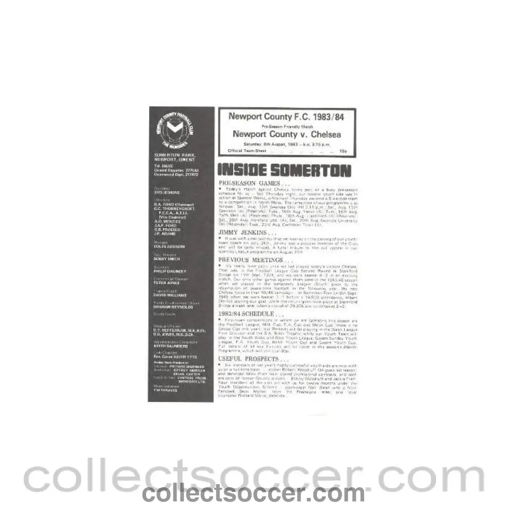 1983 - Newport County vChelsea official programme 06/08/1983 Friendly Match - Collect Soccer