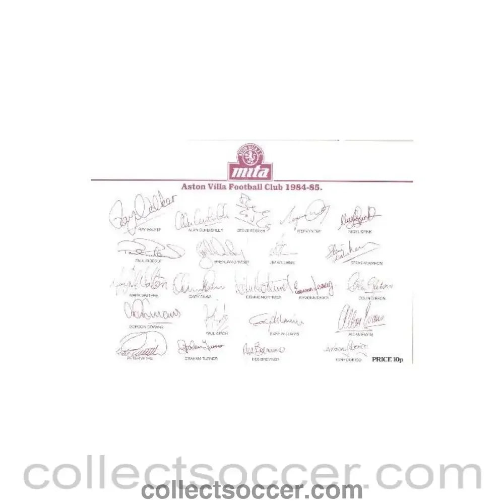 1984 - Aston Villa Signatures of Players Facsimile and team photograph 1984 - 85 - Collect Soccer