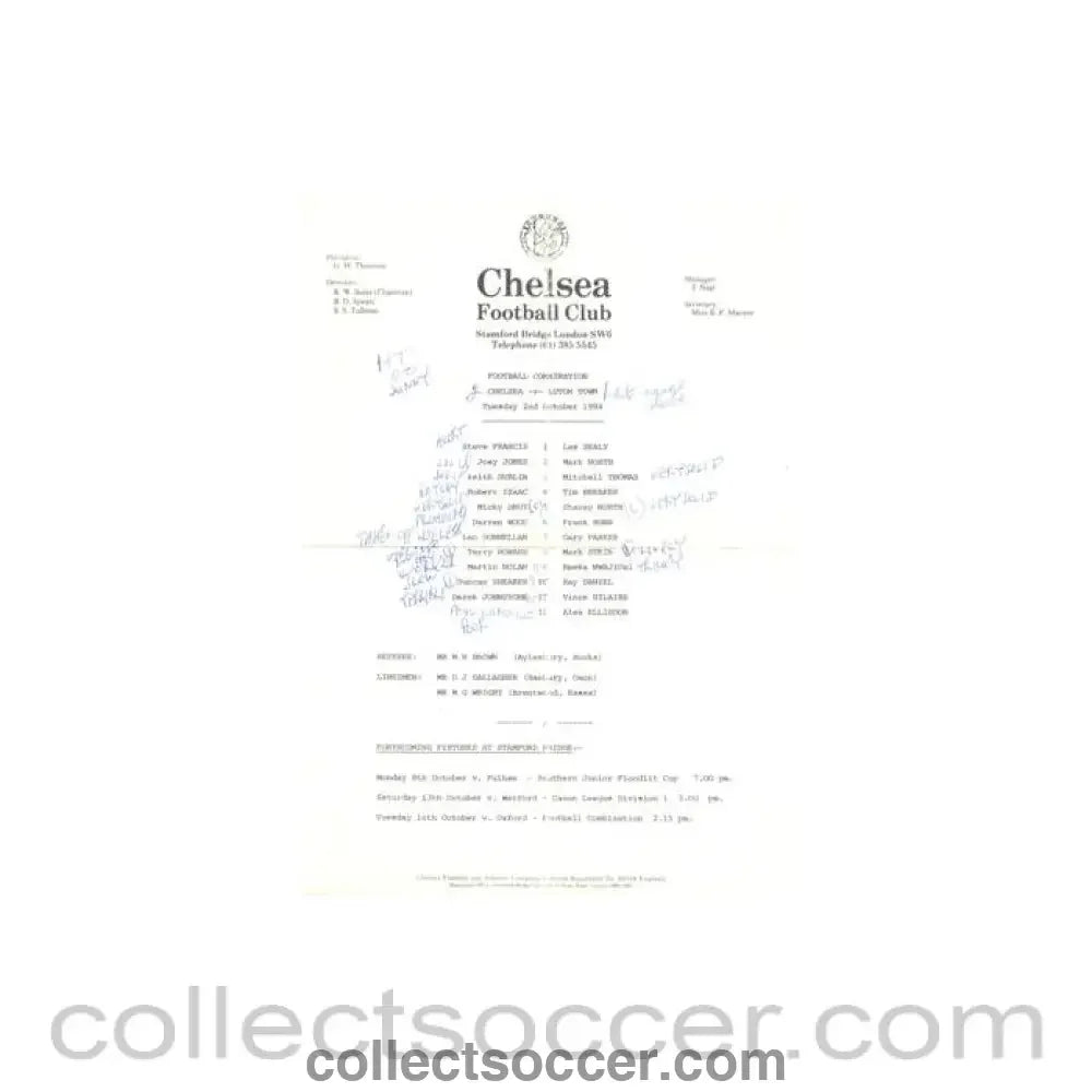 1984 - Chelsea v Luton Town Reserves official teamsheet 02/10/1984 Football Combination - Collect Soccer