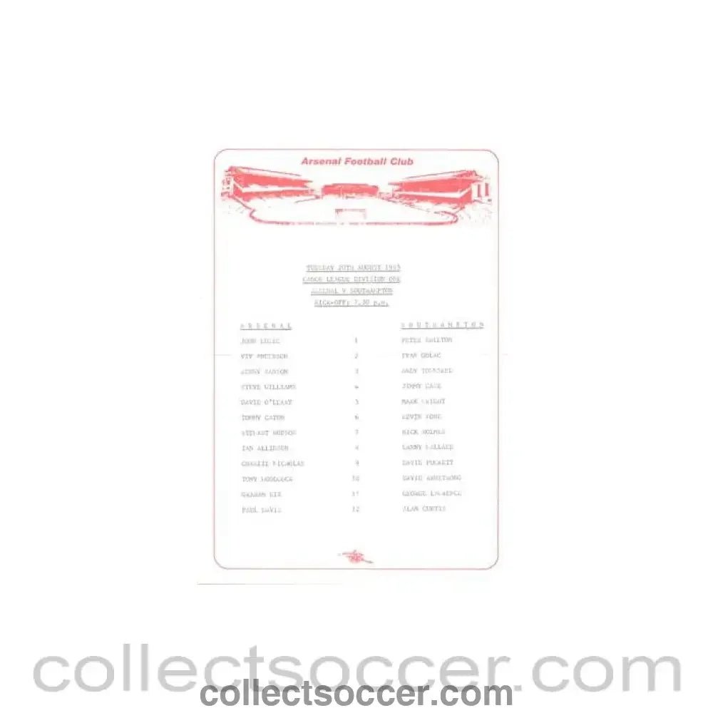 1985 - Arsenal v Southampton official teamsheet 20/08/1985 Canon League - Collect Soccer