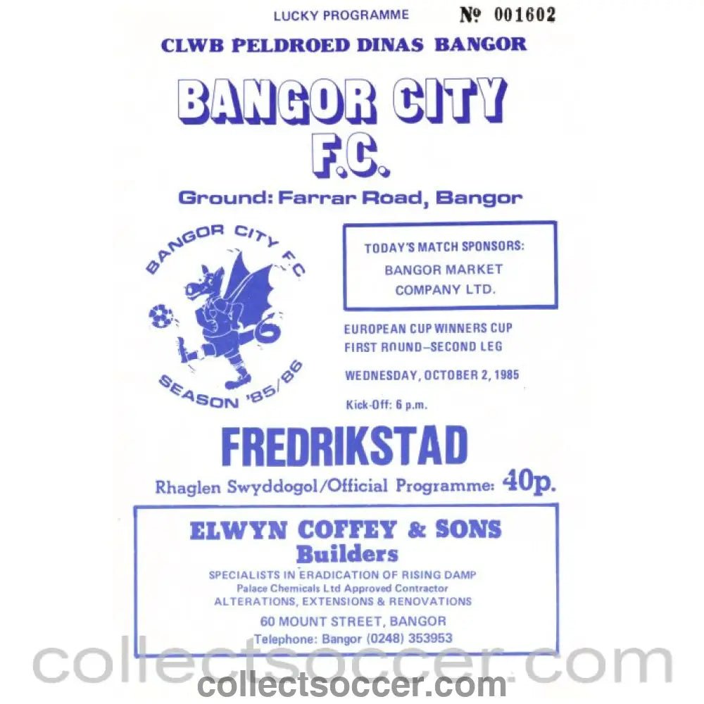 1985 Bangor City v Fredrikstad Football Programme - Collect Soccer