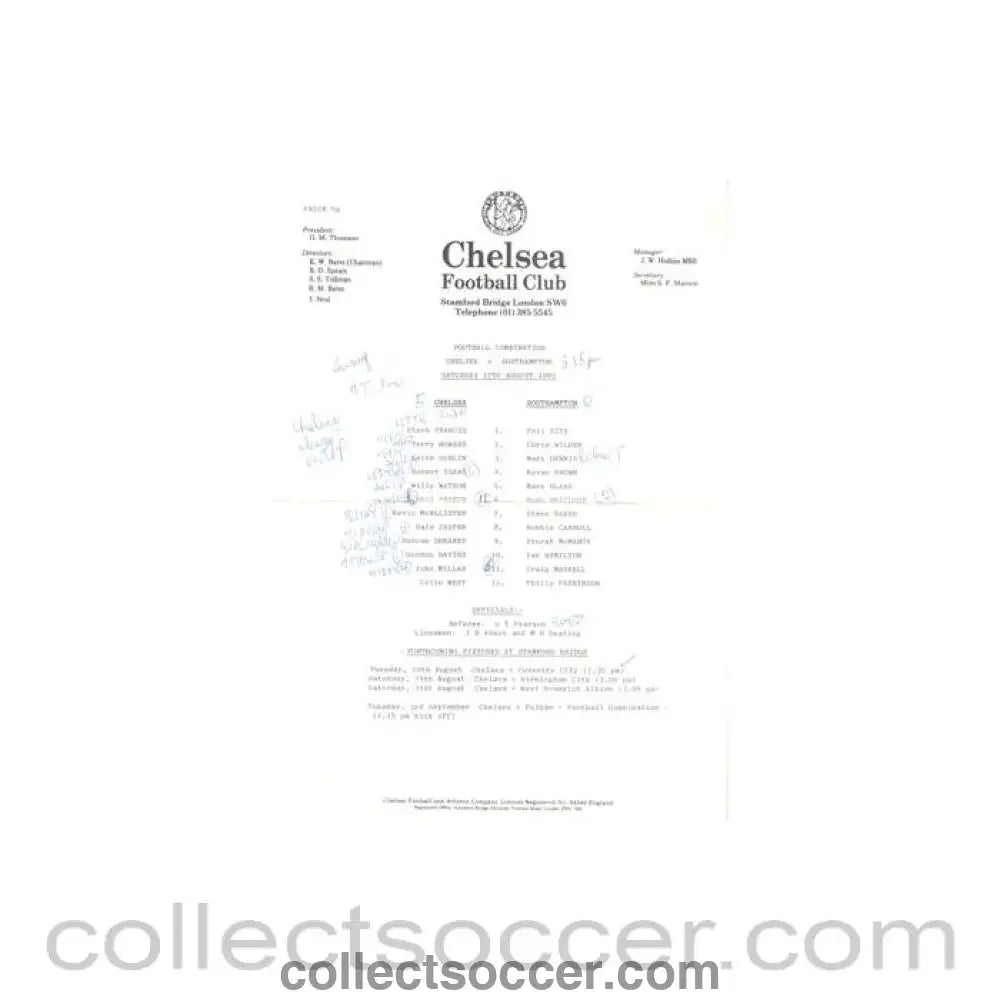 1985 - Chelsea v Southampton Reserves official teamsheet 17/08/1985 Football Combination - Collect Soccer