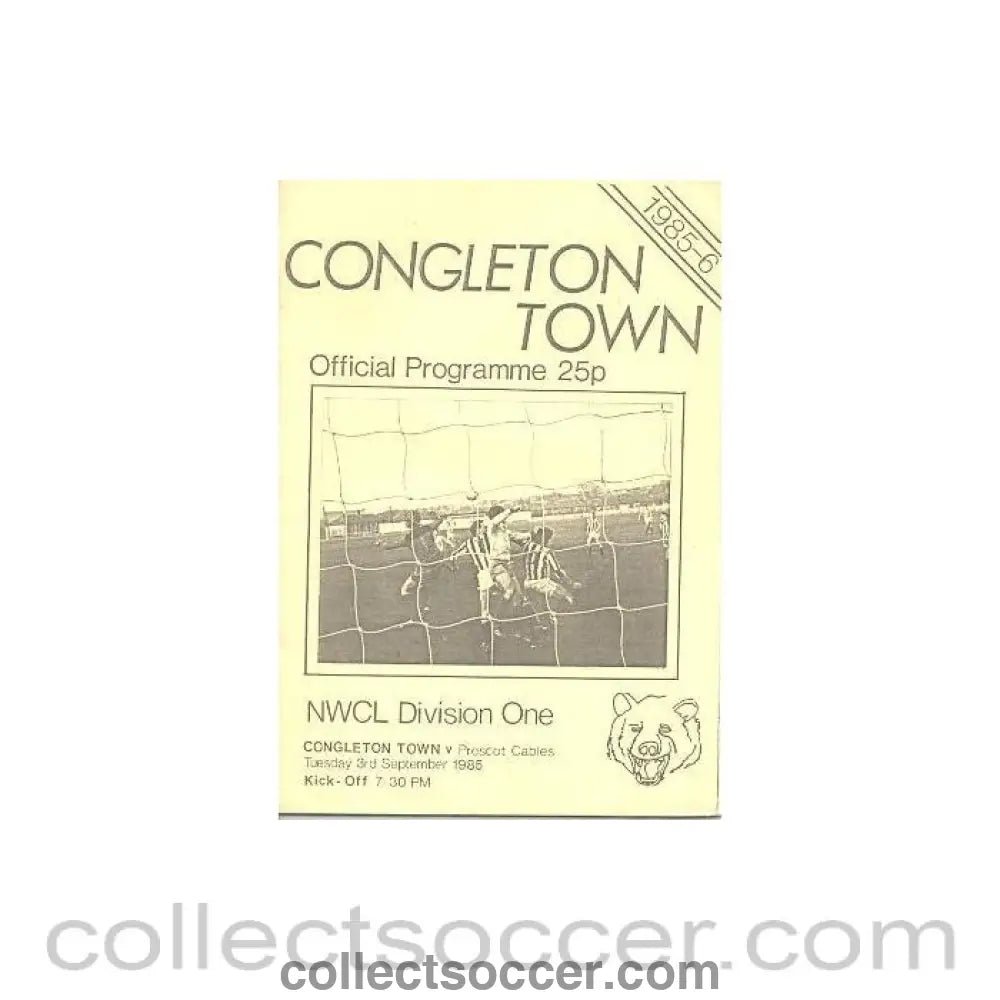 1985 - Congleton Town v Prescot Cables official programme 03/09/1985 NWCL Division One - Collect Soccer