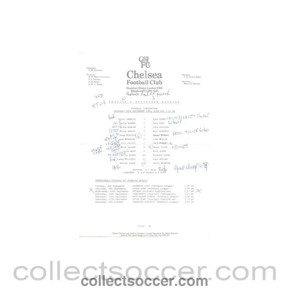1986 - Chelsea v Tottenham Hotspur Reserves official teamsheet 30/09/1986 Football Combination - Collect Soccer