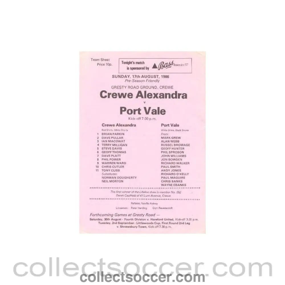 1986 - Creve Alexandra v Port Vale official programme 17/08/1986 - Collect Soccer