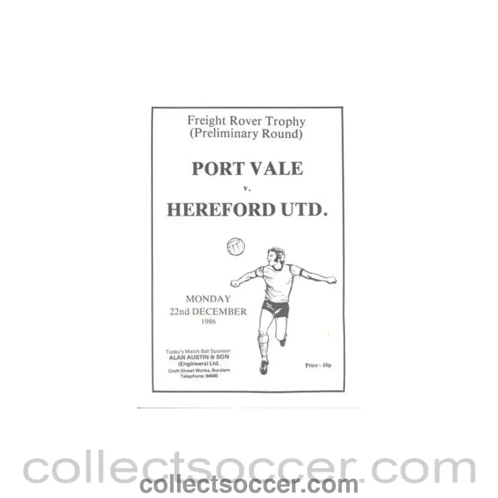 1986 - Port Vale v Hereford United official programme 22/12/1986 Freight Rover Trophy - Collect Soccer
