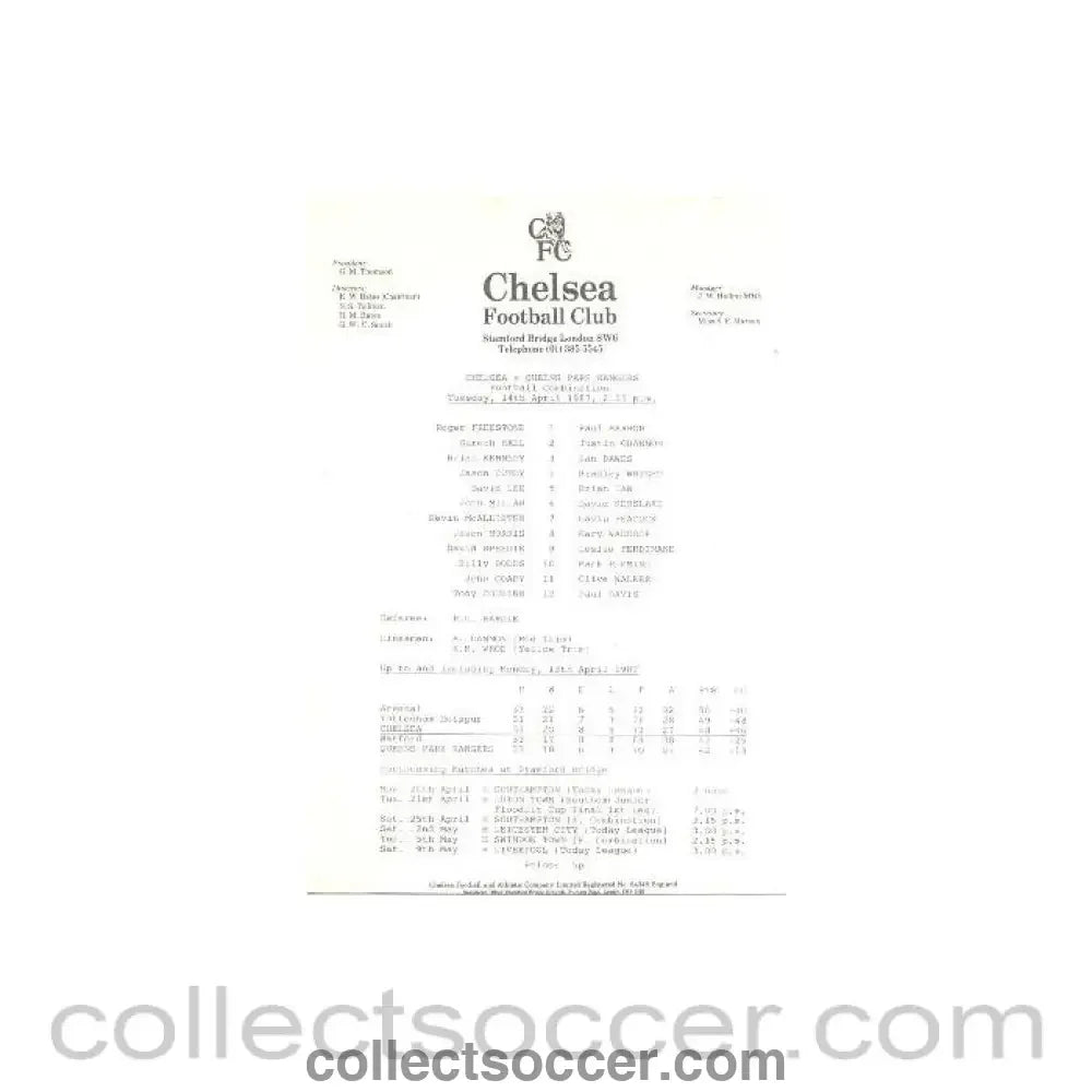 1987 - Chelsea v Queen's Park Rangers official teamsheet 14/04/1987 Reserves - Collect Soccer