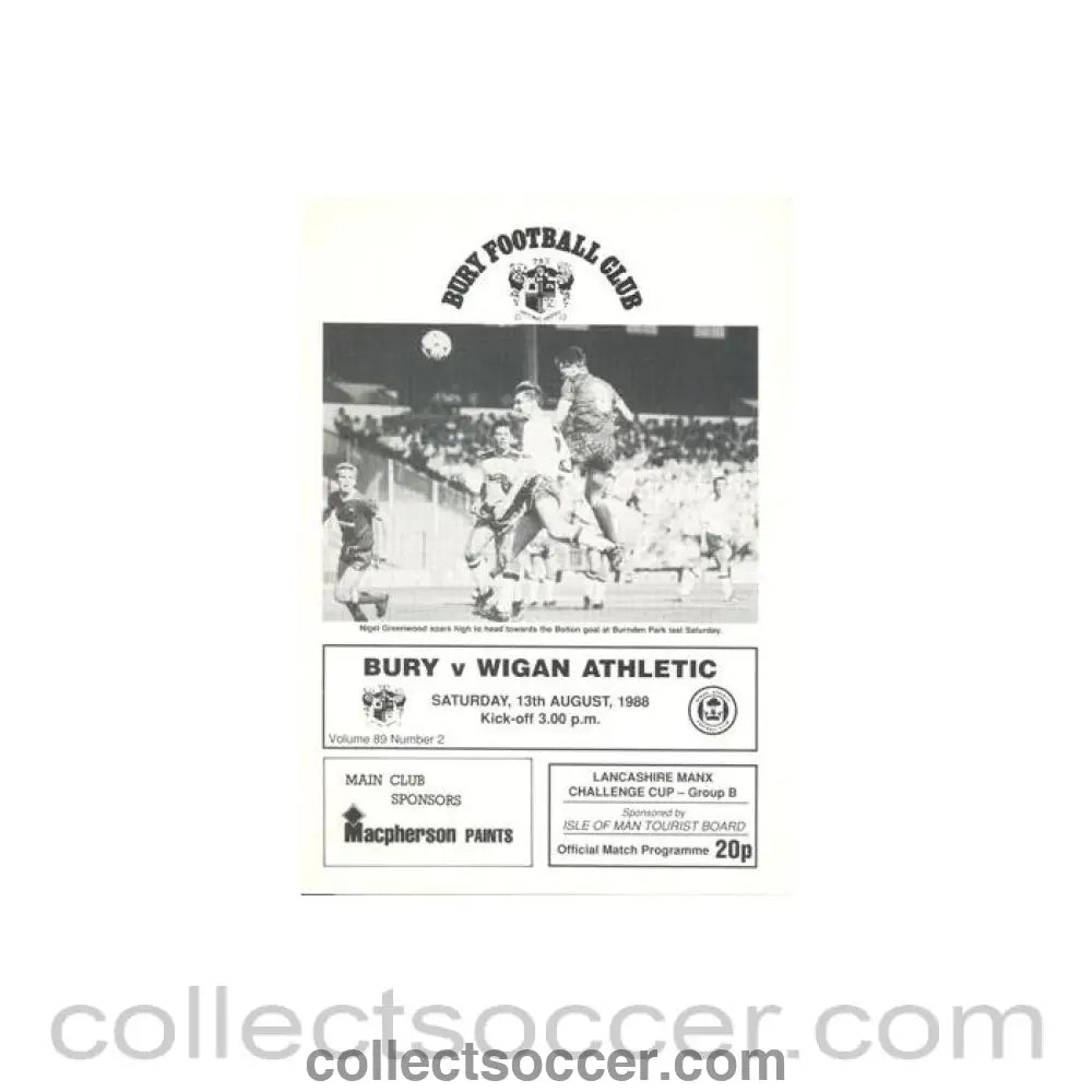 1988 - Bury v Wigan Athletic official programme 13/08/1988 Football League - Collect Soccer