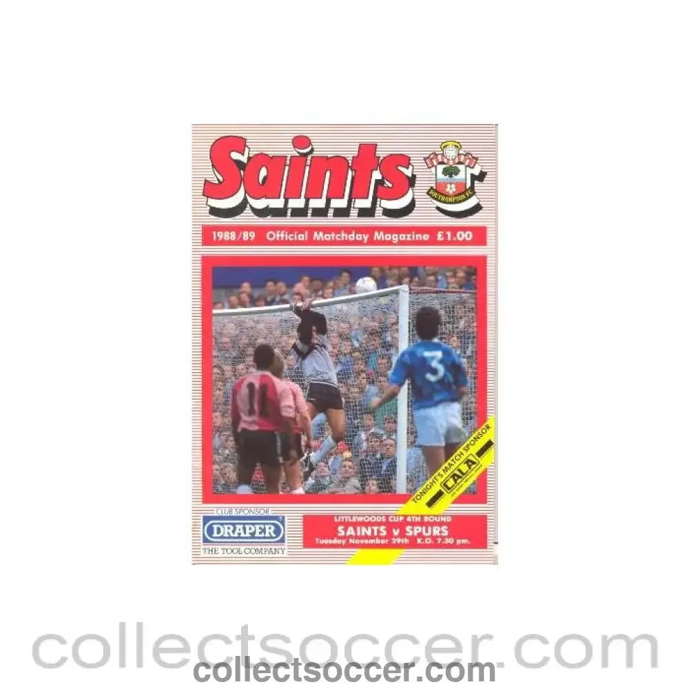 1988 - Southampton v Tottenham Hotspur official programme 29/11/1988 Littlewoods Cup - Collect Soccer
