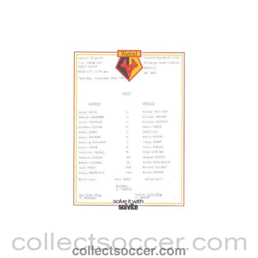 1988 - Watford v Chelsea official teamsheet 18/02/1988 - Collect Soccer