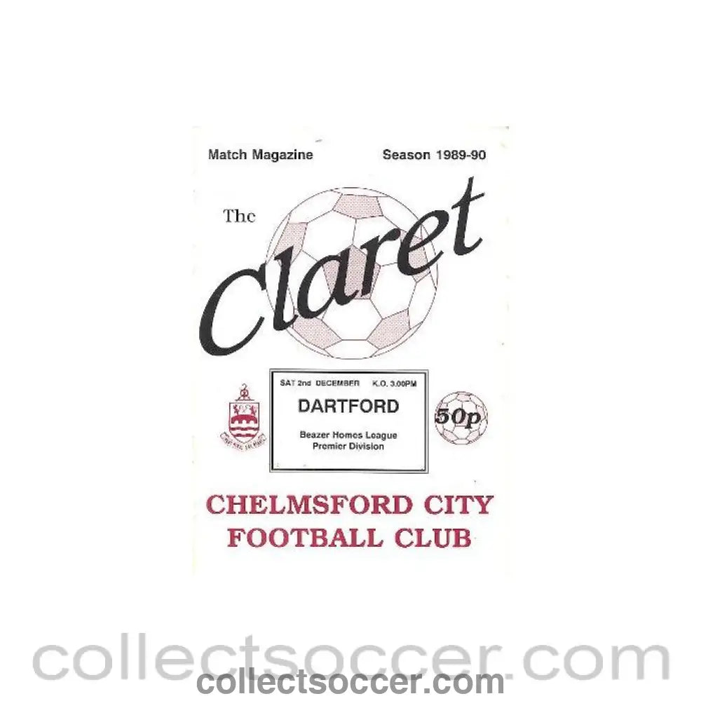 1989 - Chelmsford v Dartford official programme 02/12/1989 Beazer Homes League Premier Division