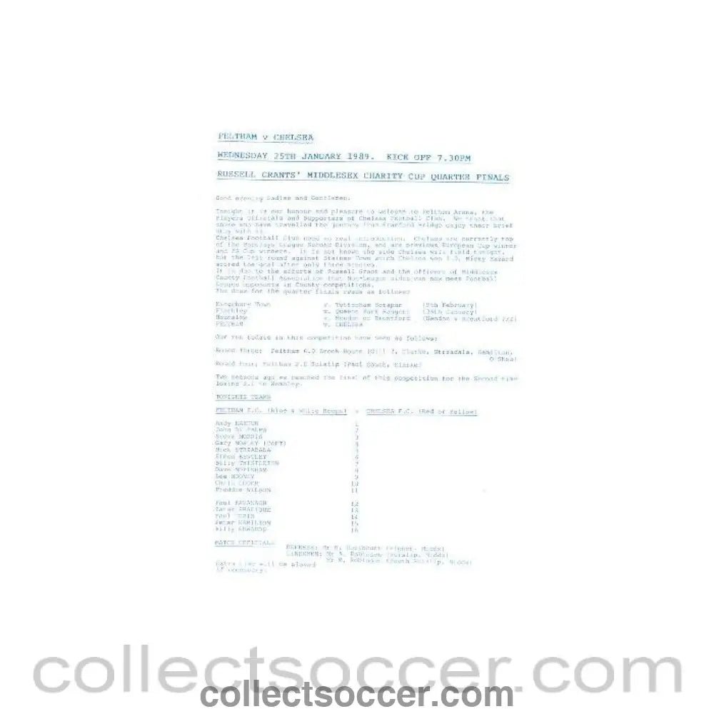 1989 - Feltham vChelsea official programme 25/01/1989 - Collect Soccer