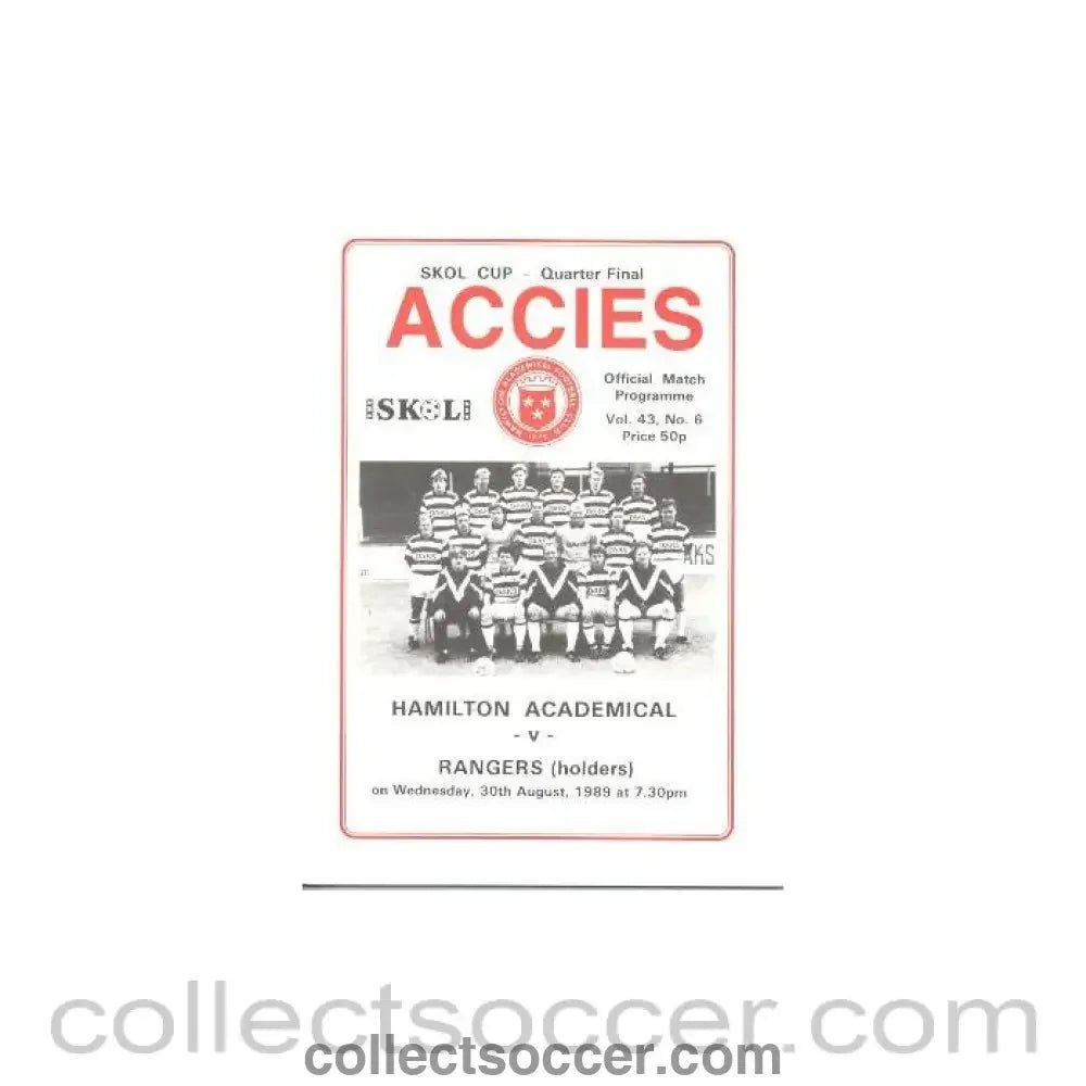 1989 - Hamilton Academical (Accies) v Glasgow Rangers official programme 30/08/1989 Skol Cup - Collect Soccer