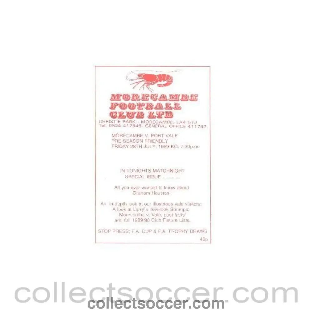 1989 - Morecambe v Port Vale official programme 28/07/1989 Pre - Season Friendly - Collect Soccer