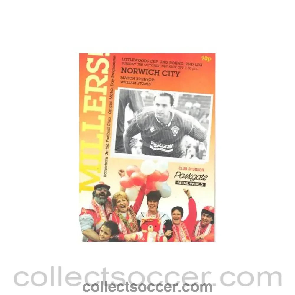 1989 - Rotherham United v Norwich City official programme 03/10/1989 Littlewoods Cup - Collect Soccer
