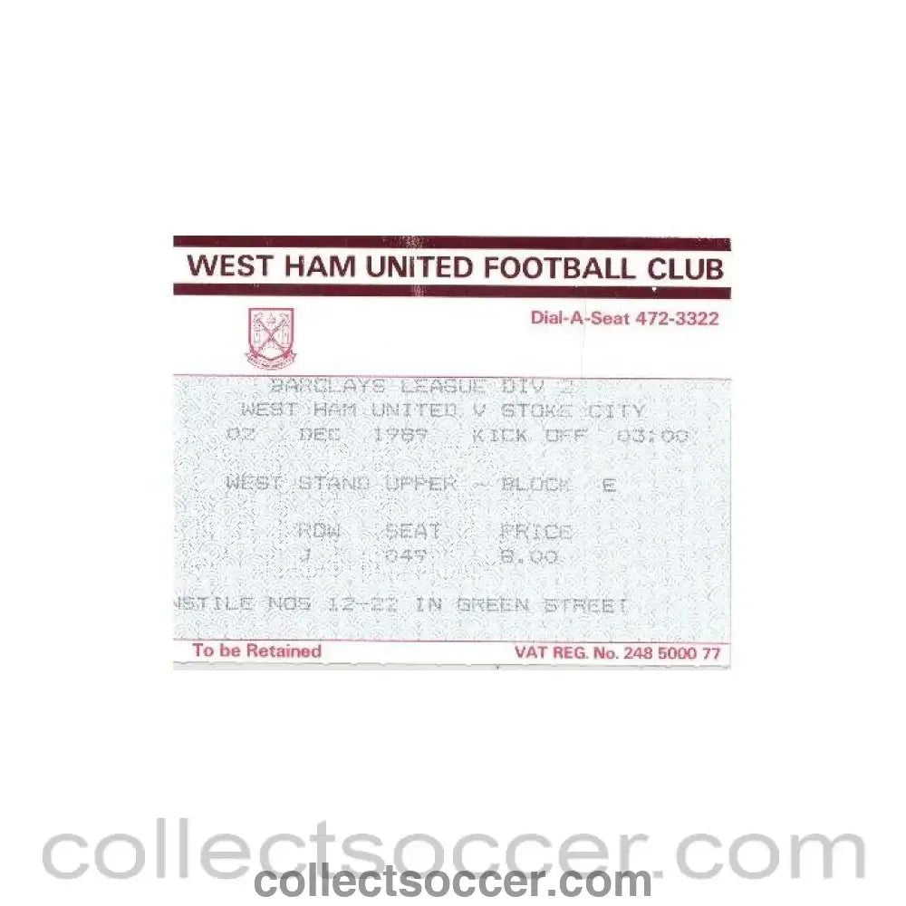 1989 - West Ham United v Stoke City ticket 02/12/1989 Football League - Collect Soccer