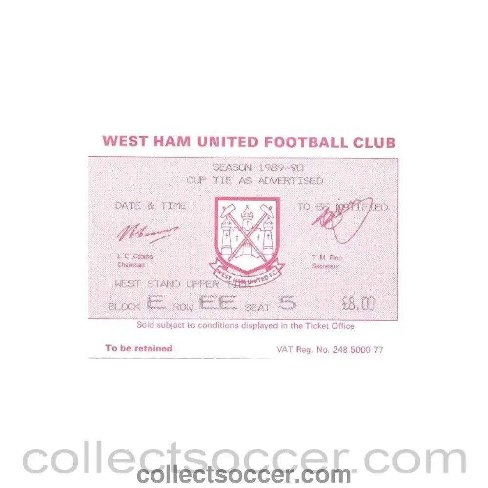 1989 - West Ham United v Wimbledon ticket 22/11/1989 Littlewoods Cup - Collect Soccer