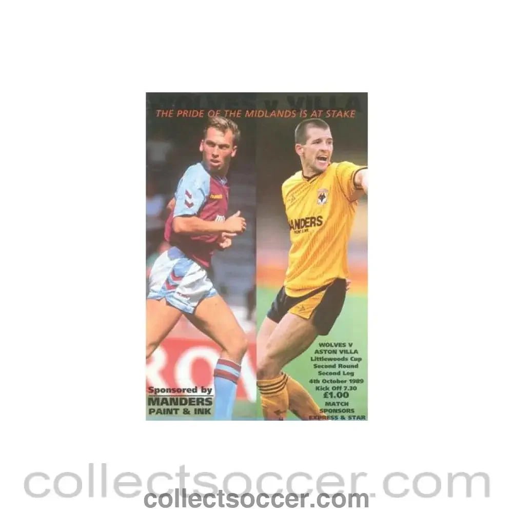 1989 - Wolverhampton Wanderers v Aston Villa official programme 04/10/1989 Littlewoods Cup - Collect Soccer
