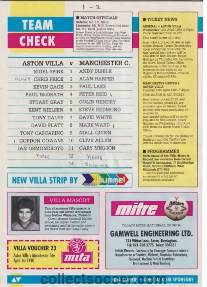 1990 Aston Villa v Manchester City Official Programme - Collect Soccer