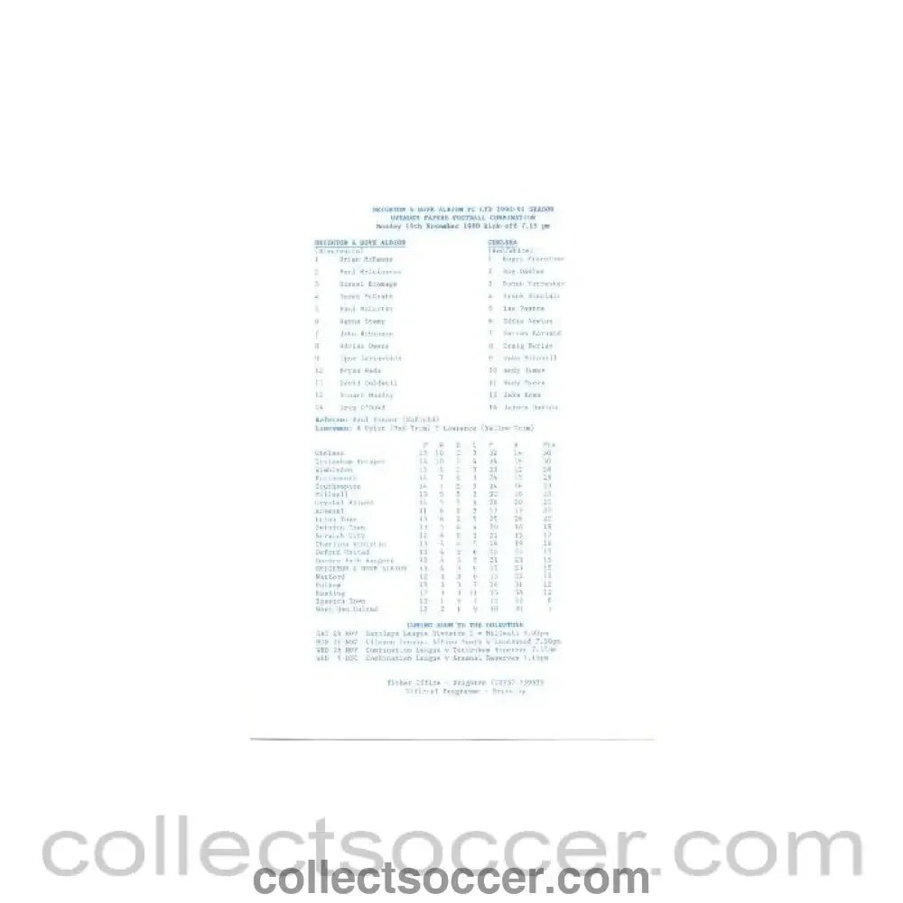 1990 - Brighton & Hove Albion v Chelsea official teamsheet 19/11/1990 - Collect Soccer