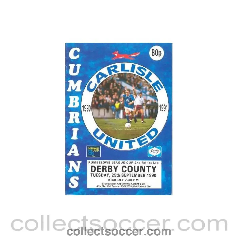 1990 - Carlisle United v Derby County official programme 25/09/1990 Rumbelows League Cup - Collect Soccer