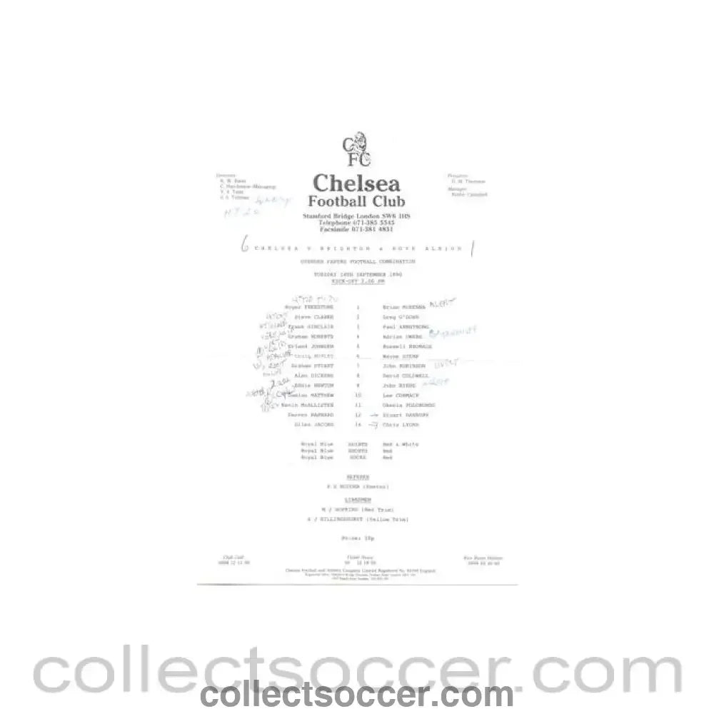 1990 - Chelsea v Brighton Reserves official teamsheet 18/09/1990 Football Combination - Collect Soccer