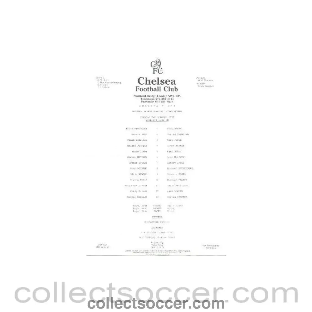 1990 - Chelsea v Queen’s Park Rangers official teamsheet 02/10/1990