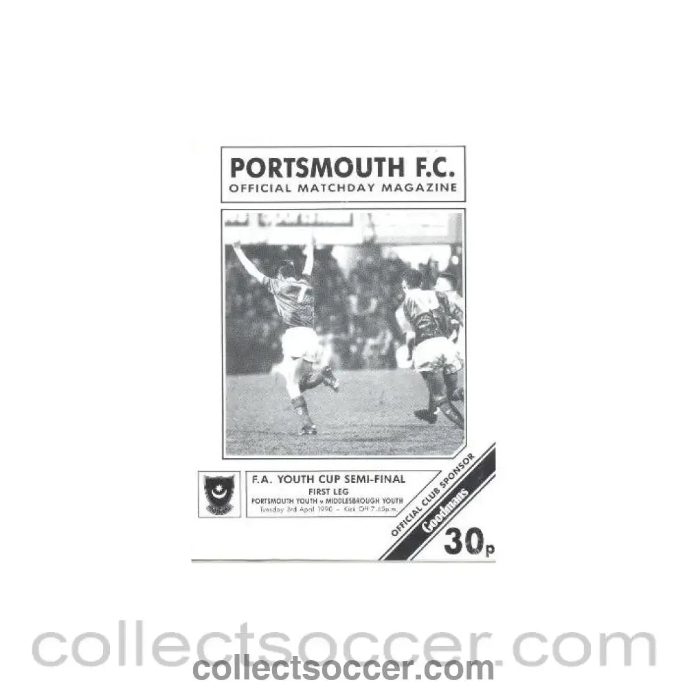 1990 - Portsmouth v Middlesbrough official programme 03/04/1990 F.A. Youth Cup Semi - Final - Collect Soccer