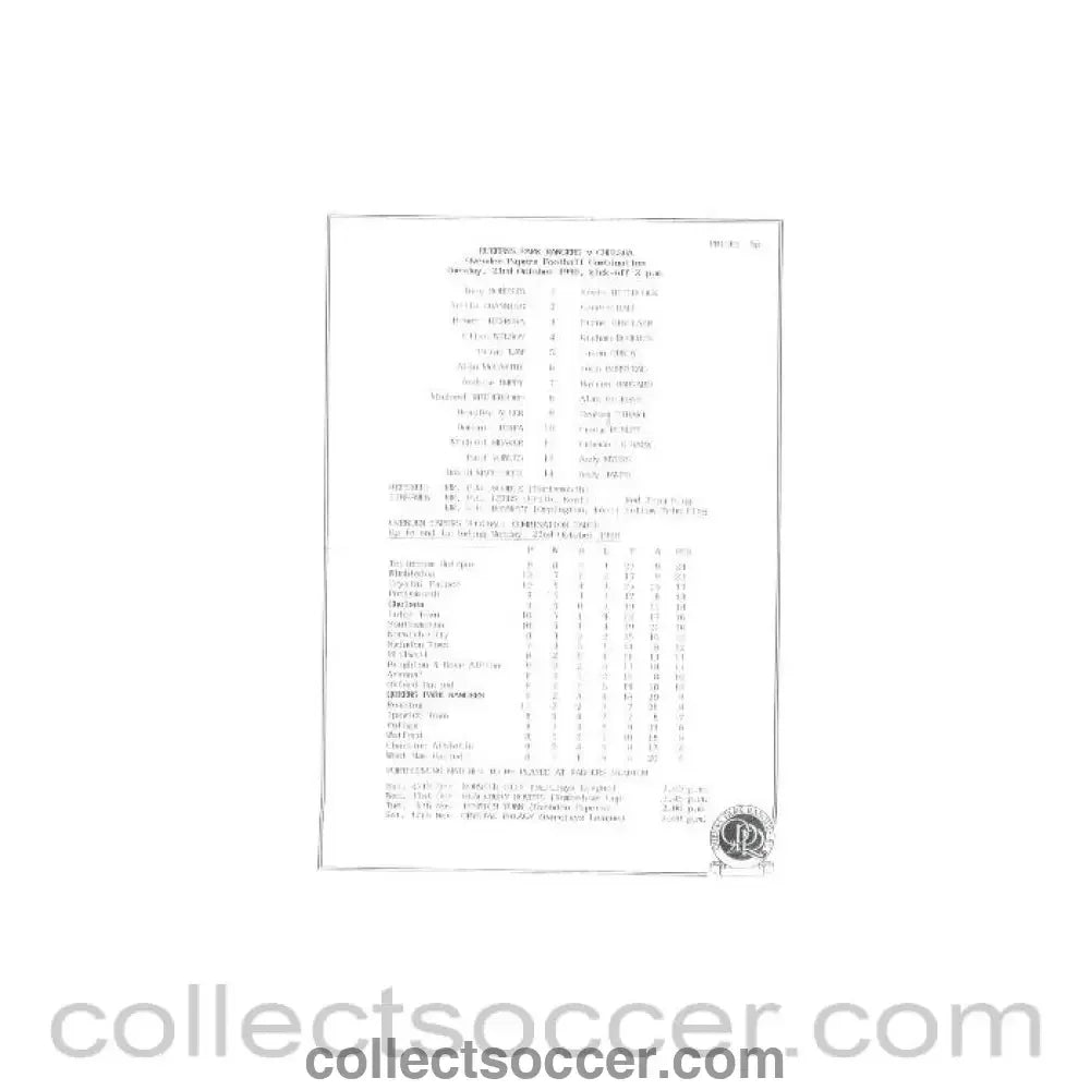 1990 - Queen’s Park Rangers v Chelsea official teamsheet 23/10/1990