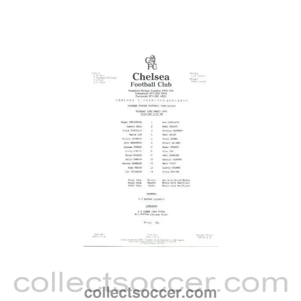 1991 - Chelsea v Charlton Athletic official teamsheet 12/03/1991 - Collect Soccer