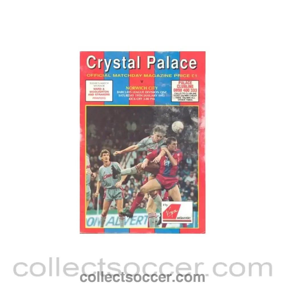 1991 - Crystal Palace v Norwich City official programme 19/01/1991 Football League, reduced price - Collect Soccer