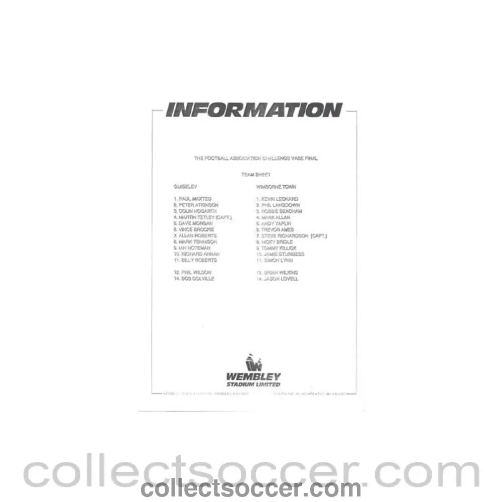 1991 - Guisley v Wimborne Town official teamsheet 1991 - 1992 F.A. Challenge Vase Final - Collect Soccer