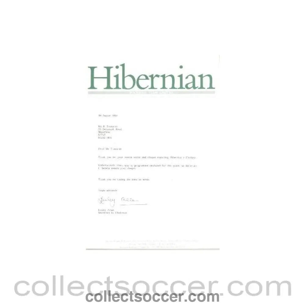 1991 - Hibernian letter of 10/08/1991 - Collect Soccer