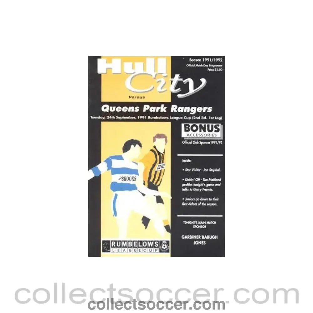 1991 - Hull City v Queen's Park Rangers official programme 24/09/1991 Rumbelows League Cup - Collect Soccer