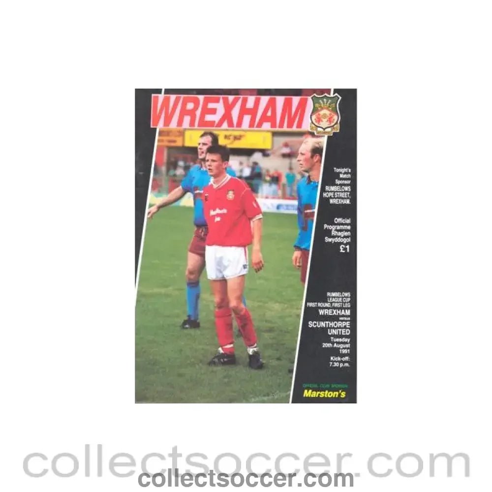 1991 - Wrexham v Scanthorpe United official programme 20/08/1991 Rumbelows League Cup - Collect Soccer