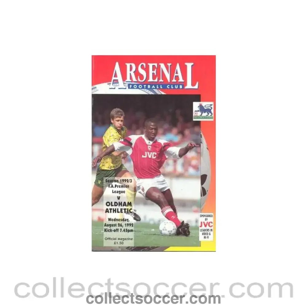1992 - Arsenal v Oldham Athletic official programme 26/08/1992 Premier League - Collect Soccer
