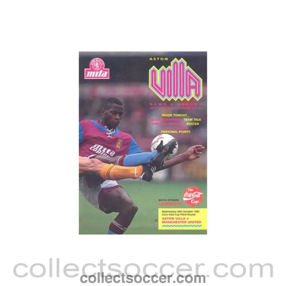 1992 - Aston Villa v Manchester United official programme 28/10/1992 Coca Cola Cup - Collect Soccer