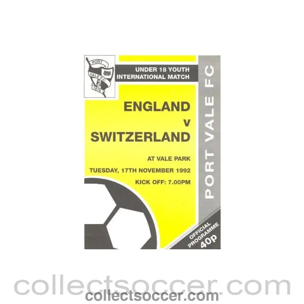 1992 England v Switzerland official programme 17/11/1992 U18 - Collect Soccer