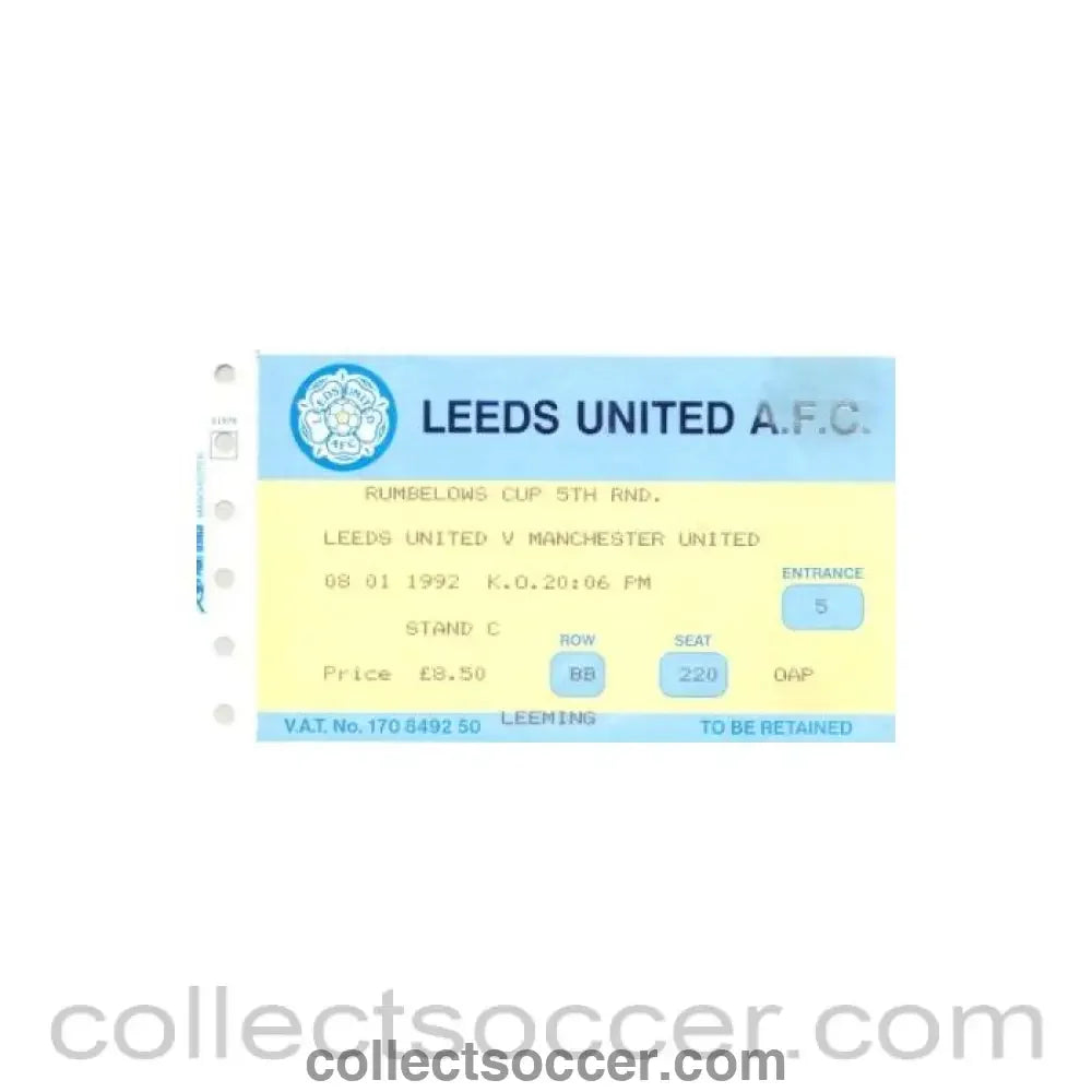 1992 - Leeds United v Manchester United ticket 08/01/1992