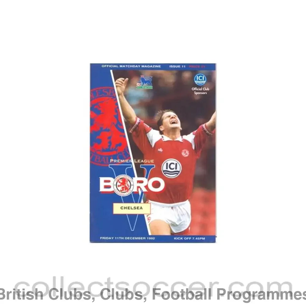 1992 - Middlesbrough vChelsea official programme 11/12/1992 Premier League
