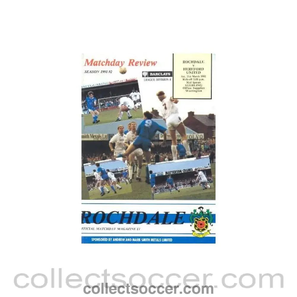 1992 - Rochdale v Hereford United official programme 21/03/1992 - Collect Soccer